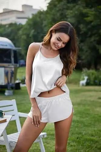 Silk Pajamas Set for Women Satin Backless Lingerie Pjs Cami Top and Shorts Nightwear - Love Salve